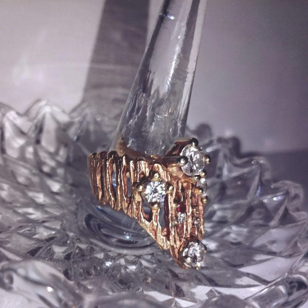 Vintage  Custom  Women's  14  Karat  Gold  Textured  Diamond  Statement  Ring